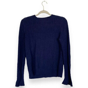 J. CREW Cableknit Wool Sweater Bell Sleeves F5085 Small Winter Navy Blue Ruffle